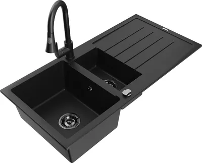 Produktbild von Mexen Andres Granitspüle 1,5-Becken mit Abtropffläche und Küchenarmatur Elia, schwarz - 6515-77-670101-70-B