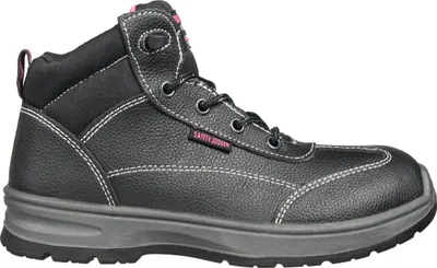 A side view of a black safety boot with white stitching and a gray sole.