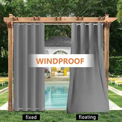 Obrázek produktu pro 1 kus Větruvzdorné venkovní záclony s očky Top (ID: 4cm) + Bottom (ID: 4cm), vodotěsné neprůhledné sluneční clony UV ochrana Patio Cabana Porch Gazebo Curtain, 238x132cm, Light Grey