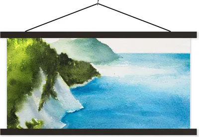 Produktbild von MuchoWow® Textilposter Meer - Berge - Wald 60x30 cm mit schwarzem Rahmen - Textilien