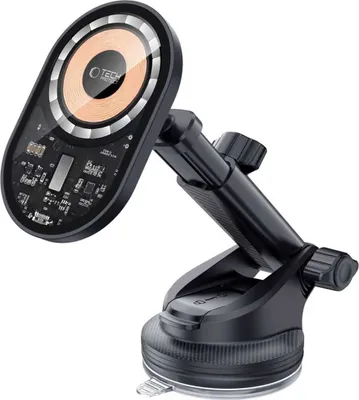 A black wireless charging car mount with a suction cup base.