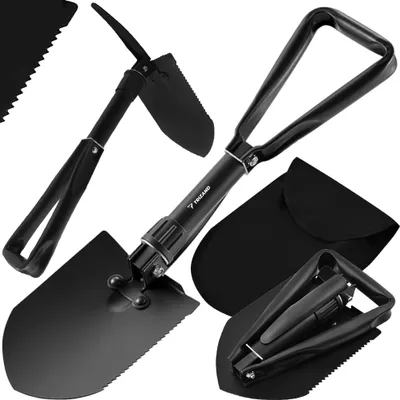 A set of black folding tools including a shovel, pickaxe, and saw, along with a carrying pouch.