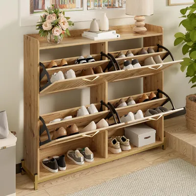 Produktbild von MODFU Moderner Flurschrank Schuhständer mit Metallsockel,aus Holzwerkstoff mit Metallgestell,Schuhkipper mit 4 Türen und Ablage,Holzfarbe