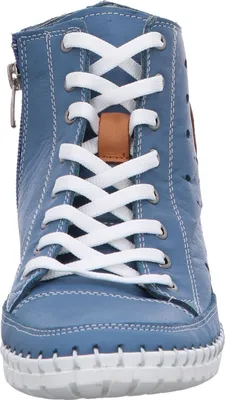 A close-up, front-facing view of a blue leather high-top boot with white laces and stitching.