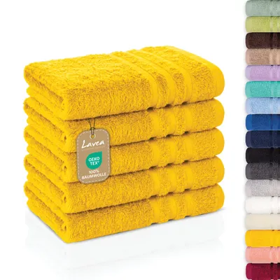 Produktbild von Lavea® 5er Set Gästehandtücher 30x50 cm, Weiche & Saugstarke Gästetücher aus 100% Baumwolle, Frottierserie Elena, Waschbar 60°C - Rapsgelb