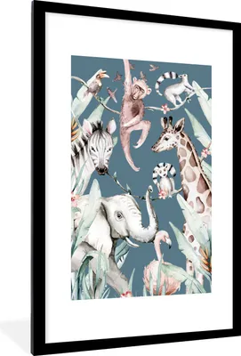 Produktbild von MuchoWow® MuchoWow® Gerahmtes Poster Aquarellieren - Tiere - Dschungel - Jungen - Blau - Kinder 60x90 cm - Poster mit zchwarzem Bilderrahmen - Dekoration - Wandposter Wohnzimmer - Hochwertig