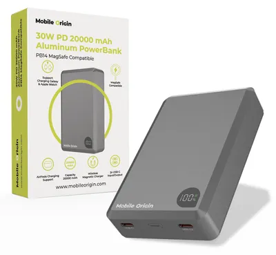 Produktbild von Mobile Origin MO-30WPD-PB14, 20000 mAh, Lithium Polymer (LiPo), Kabelloses Aufladen, 30 W, Grau