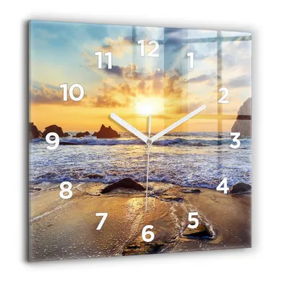 Produktbild von Wallfluent Große Wanduhr – Stilles Quarzuhrwerk - Uhr Dekoration Wohnzimmer Schlafzimmer Küche - Zifferblatt - weiße Zeiger - 60 cm - Sonnenuntergang am Strand