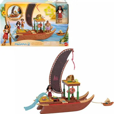 Produktbild von Mattel Disney Vaiana 2 Spielzeuge, Vaianas Abenteuerkanu-Spielset mit schwimmendem Kanu, kleiner Vaiana-Puppe, 1 Charakterfreund, 6 Spielbereichen und 10 Zubehörteilen, JBT78
