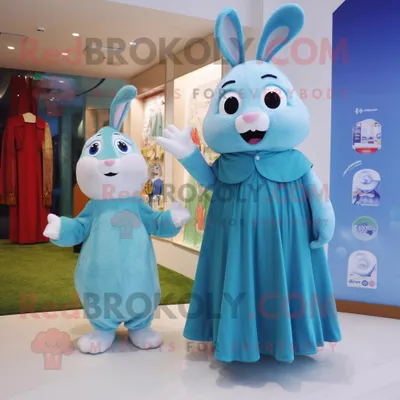 Produktbild von Maskottchen REDBROKOLY kostüm Himmelblauer Hase gekleidet in ein Maxikleid und Schlüsselanhänger