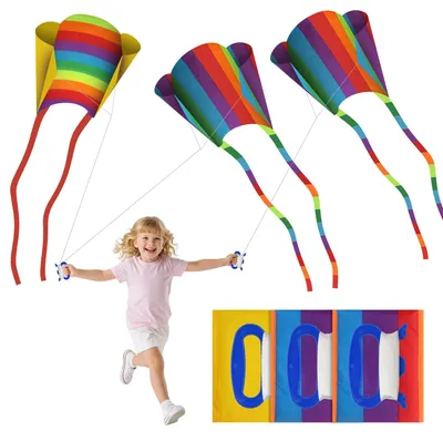 Produktbild von 3 Stück Drachen Kinder Set – Bunte Einleiner Drachen mit Langen Schwänzen Lenkdrachen, Einfach zu Fliegen für Anfänger & Kinder, Outdoor Kinderdrachen