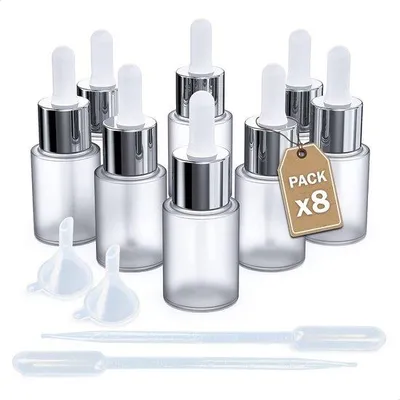 Obrázek produktu pro 8 kusů skleněných lahviček, 10 ml, matné. Skleněné pipety a šroubovací uzávěry. Tlakové lahvičky pro: oleje, aromaterapii a laboratoře.