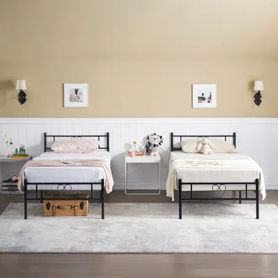 Produktbild von H.J WeDoo 2er Set Einzelbettgestell Bettrahmen Metallbett Gästebett, Modern Jugendbett mit Lattenrost, für Schlafzimmer 90 x 190 cm, Schwarz