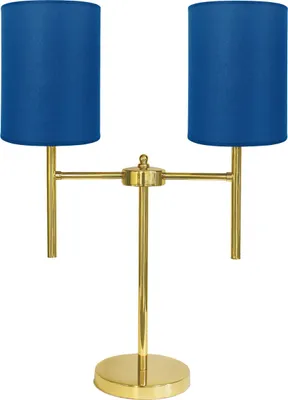 Produktbild von Tischlampe Echt-Messing Stoff 61,5 cm hoch in Messing poliert Blau E27 2-flammig Klassisch Nachttischleuchte