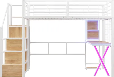 Produktbild von Sweiko Hochbett 90x200cm , Ambientelicht, Ablageleiter, Schreibtisch, Kleiderschrank, Regale, ohne Matratze, Weiß