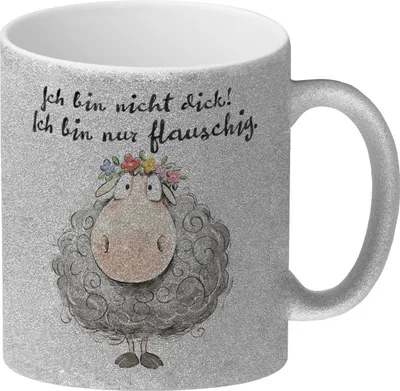 Produktbild von Schaf Glitzer-Kaffeebecher mit Spruch Nicht dick sondern flauschig