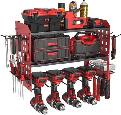 Productafbeelding van Unyqoos® gereedschapswandhouder, gemaakt van industriële staallegering, 3 niveaus, draagvermogen 68 kg, compartiment voor boren, zijvakken, rood, 42,5 x 20 x 31 cm