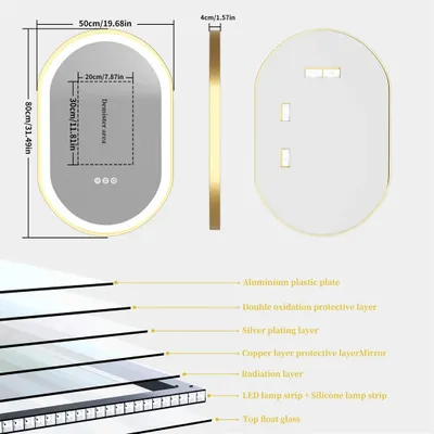 Image de Miroir de salle de bain LED moderne, forme ovale - Miroir mural 80x50 cm - Miroir de maquillage éclairé - Anti-buée - 3 couleurs de lumière réglables - Fonction mémoire - Cadre doré