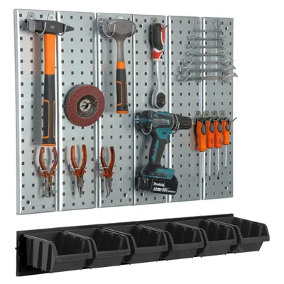 Produktbild von Werkzeugwand 78x72cm Metall Lagersystem mit Werkzeughaltern Stapelboxen Schwarz