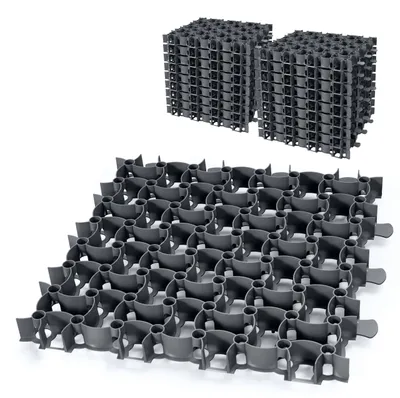 Produktbild von Garronda Rasengitter befahrbar 20 Stück (5 m²) 50x50x4 cm Kunststoff Parkplatzgitter zur Bodenbefestigung Kiesstabilisierung Drainage Stecksystem GD-0224 Schwarz