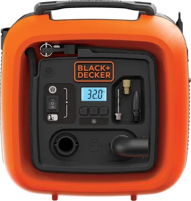 Produktbild von Black & Decker Luftkompressor ASI400-XJ, 160 l/min, Schwarz-Orange, 23,5x16x24,5 cm, mit Automatischer Abschaltung, Digital-Display, Abpumpfunktion für Reifen, Matratzen & Bälle, hochwertiger Gummitragegriff
