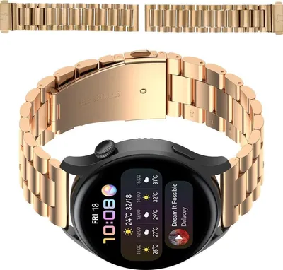 A rose gold smartwatch with a metal band is displayed against a white background, with a close-up of the watch face showing time and weather information.