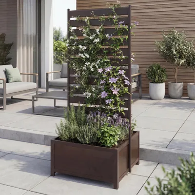 Immagine prodotto di Aiuola in alluminio con griglia rampicante HWC-P97, fioriera, vaso da fiori, spalliera, 110x60x75 cm ~ marrone scuro