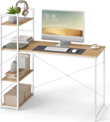 Image de Bureau avec étagère Table d'ordinateur avec espace de rangement pour bureau à domicile PC Table de bureau Table de travail avec bibliothèque | Dimensions de la table : 120x44x76 cm (LxPxH) | Sonoma avec structure métallique blanche
