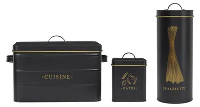 Image de Lot de 3 Boîtes en Métal - Cuisine + Spaghettis + Pâtes - Noir et Doré - Boîtes de Conservation de Cuisine