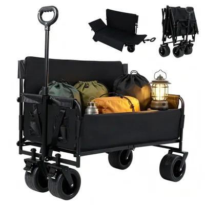 Produktbild von Schwarzer Sand Strand Campingwagen im Strand-Stil, faltbarer Outdoor Strand Garten Picknickwagen, Multi-Funktions-Trolley mit verstellbarem Griff