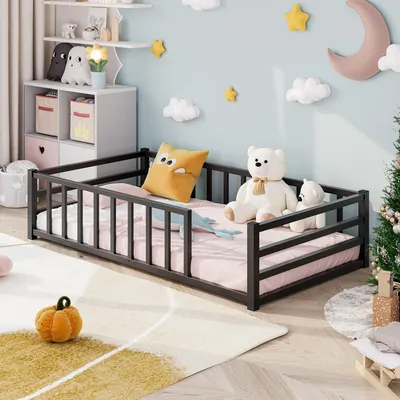 Kinderbett 90×200 cm mit Sturzschutz & Lattenrost, schwarz