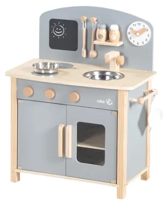 Produktbild von roba Spielküche aus Holz - Spielzeug Kinderküche mit Zubehör - 2 Kochstellen, Spüle, Wasserhahn - Natur / Grau