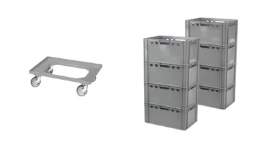 Produktbild von 8 Stück E3-Kasten grau + 1 Transportroller Typ C grau