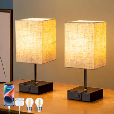 Produktbild von EDISHINE 2 LED Nachttischlampe Touch Dimmbar, mit Ladefunktion & Glühbirne,Tischlampe Schwarz