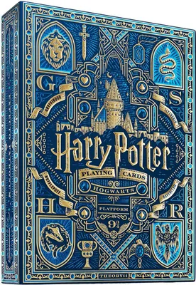 A close-up, angled view of a Harry Potter themed playing card box.