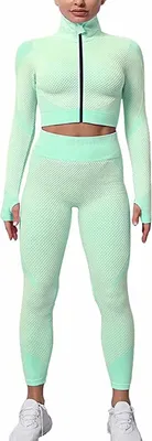 Image de ASKSA Femmes Yoga Combinaisons de sport manches longues Crop Top + Leggings 2 pièces Ensemble de vêtements Jogging, Vert, L