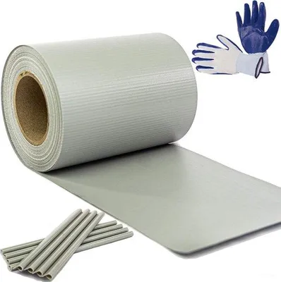 Imagen del producto de Tiras protectoras de PVC, 50 metros de largo, 19 cm de ancho, 35 clips, color gris claro. Guantes de jardinería