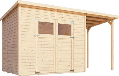 Produktbild von Gartenhaus Dresden 03 mit Anbaudach inkl. Fußboden, Naturbelassen - 14 mm Elementgartenhaus, Nutzfläche: 4,20 m², Pultdach