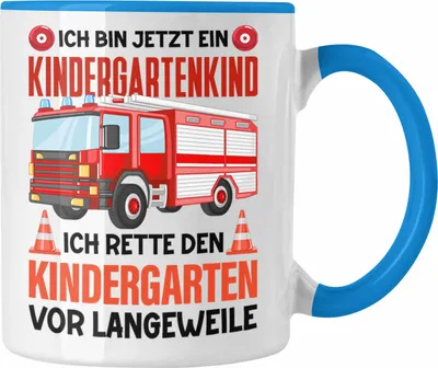 Produktbild von Trendation - Kindergartenkind Tasse Geschenk für Ich Bin Jetzt Kindergartenkind Geschenkidee Spruch Jungs Feuerwehr (Blau)
