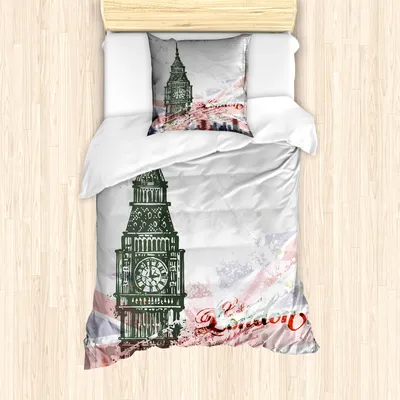 Produktbild von ABAKUHAUS London Mantele, Vintage Big Ben London, Milbensicher Allergiker geeignet mit Kissenbezügen, 135 cm x 200 cm - 80 x 80 cm, Grau