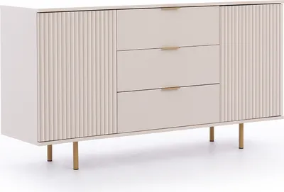 Produktbild von Kommode NUBIA NB-02 mit 3 Schubladen 2 Türen Sideboard 150 cm Mehrzweckschrank Anrichte Highboard SoftClose Push-to-Open Modern (Kaschmir)