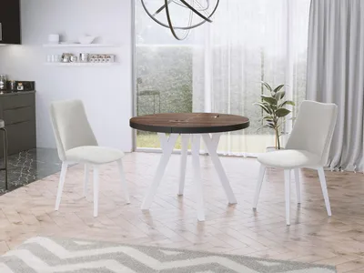 Produktbild von Designer Runder Ausziehbarer Esstisch - Loft-Stil, Industriell, Platzsparend - Weiße Beine - 100 bis 150 cm - für 6-8 Personen - Hergestellt in EU - Arvadonna Chestnut - 150 cm