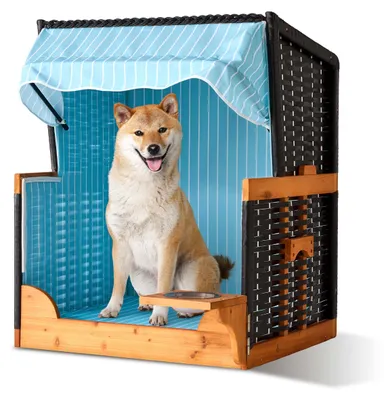 Image de Fauteuil de plage pour chien Relaxdays, en rotin, avec gamelle, fauteuil pour chien avec auvent, dimensions : 95 x 75 x 65 cm, jardin et terrasse, bois, bleu clair