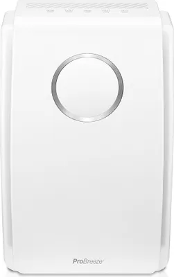 A white air purifier with a silver circular accent on the front.