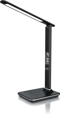 A black LED desk lamp with a digital display on its stand.