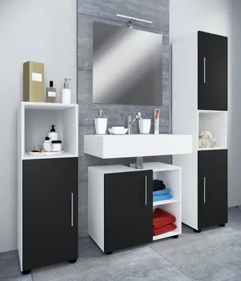 Produktbild von VCM 4-tlg. Badmöbelset | Badmöbel | Set aus Unterschrank, Midischrank, Hochschrank und Spiegel | Badezimmermöbel – Flandu III