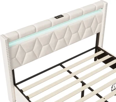 Image de Lit rembourré 160x200cm avec USB et prises de courant, lit double pour adolescents avec 4 tiroirs, lit de rangement en bois massif avec LED/Type C et sommier à lattes, lin ,Beige