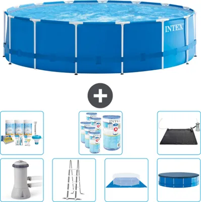 Produktbild von Intex Rundrahmen-Schwimmbecken – 457 x 122 cm – Blau – inklusive Pumpe – Leiter – Bodenplane – Abdeckung Wartungspaket - Filter - Solarmatte