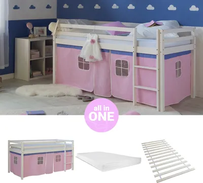 Produktbild von Homestyle4u Hochbett 90x200 mit Matratze Vorhang Rosa Kinderbett Weiß Holz Kiefer Massiv Jugendbett Lattenrost