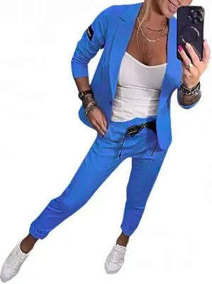 Produktbild von ASKSA Damen Lange aermel Zweiteiler Elegant Business Anzug Set Revers Buero Langarm Anzugjacke Blazer Hose 2-teilig Outfit Streetwear Freizeitanzug,Blau,XL